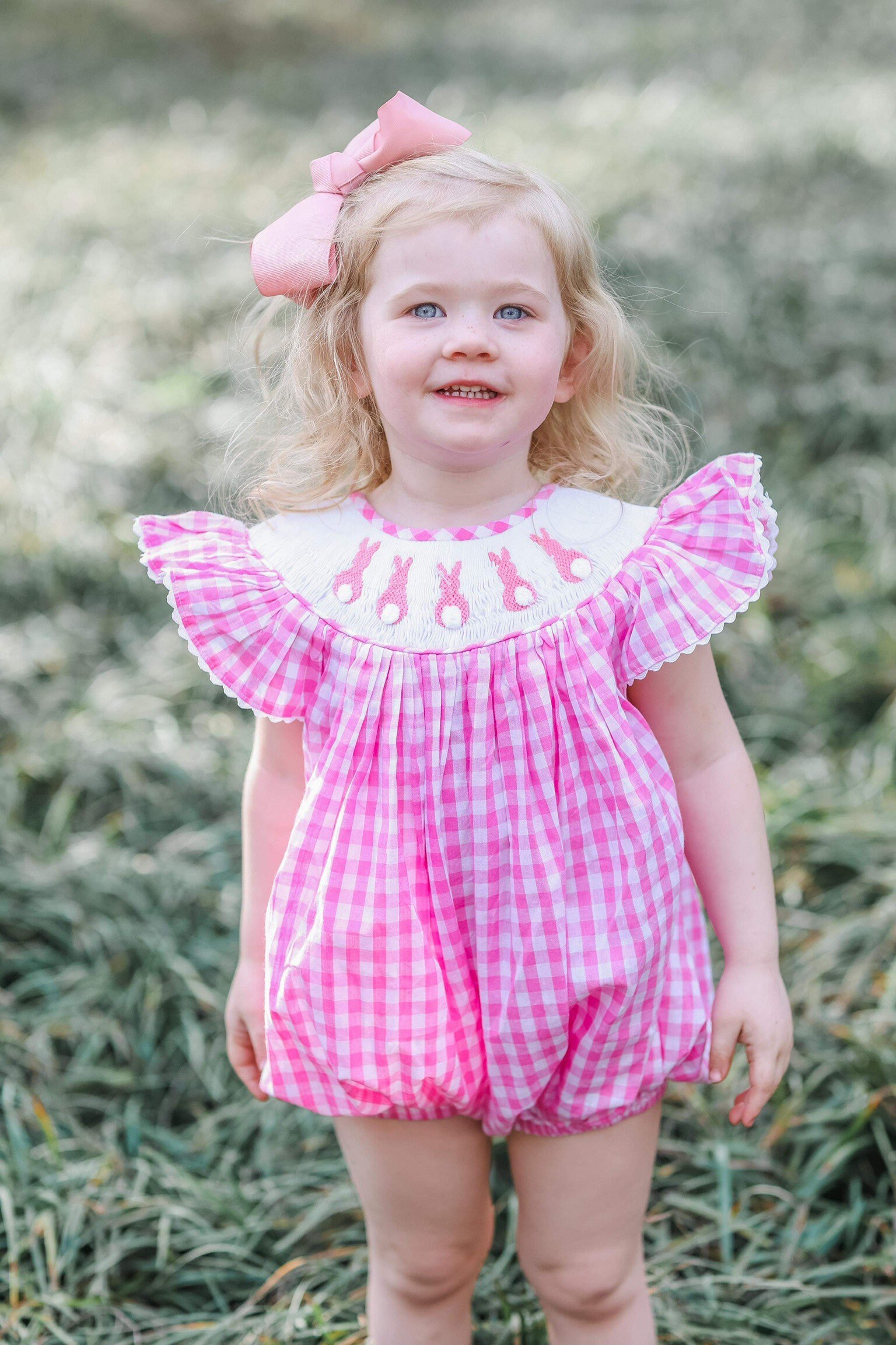 Easter Bunny Smocked Bubble Romper in Pink Gingham - Sibling Easter Bunny Smocked Bubble Romper in Pink Gingham - Sibling