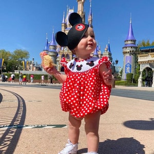 Mouse Ears Smocked Bubble Romper - Red polka dot, Baby Girl, Birthday, Magical Trip