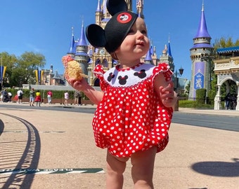 Mouse Ears Smocked Bubble Romper - Red polka dot, Baby Girl, Birthday, Magical Trip