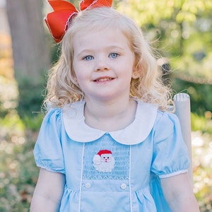 Santa Smocked Christmas Dress With Collar in Light blue - Christmas Dress, Baby Girl, Holiday, Heirloom Vintage, Matching Sibling 557 *G