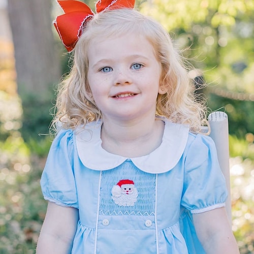 Santa Smocked Christmas Dress with Collar in Light Blue - Christmas Dress, Baby Girl, Holiday, Heirloom Vintage, Matching Sibling 557 *G