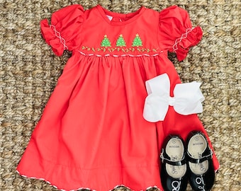 Christmas Tree Dress-  Embroidered Belfort -  Red Holiday Dress, Baby Girl, Heirloom Dress, Vintage Style, Scallop Hem, Matching Boy Outfit