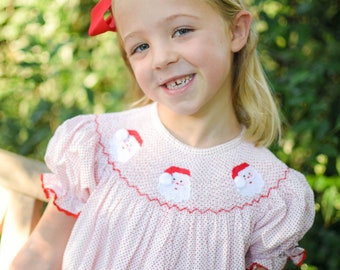 Santa Smocked Christmas Dress in Red & White Polka Dot - Heirloom, Vintage Style, Baby Girl, Holiday Dress, Matching Sibling