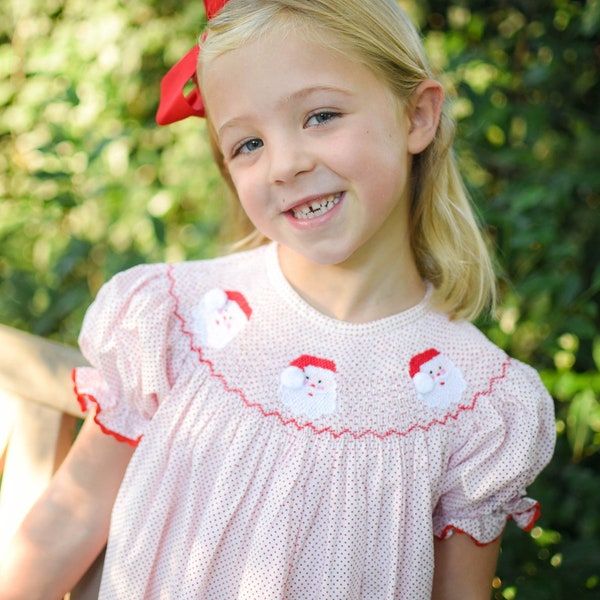 Santa Smocked Christmas Dress in Red & White Polka Dot - Heirloom, Vintage Style, Baby Girl, Holiday Dress, Matching Sibling