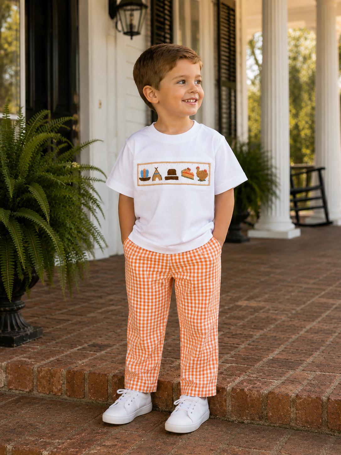 Smocked Thanksgiving Shirt in White Knit (pants sold separately) - Thanksgiving, Halloween, Fall, knit cotton shirt, matching sibling 643 *A