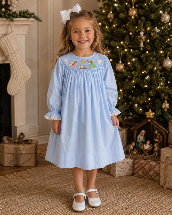 light blue christmas dress Nativity Smocked in - Bishop Dress, Long-sleeve, Vintage Style, Matching Sibling , Baby Girl Heirloom 459 *G Sleeve Knit Dress from