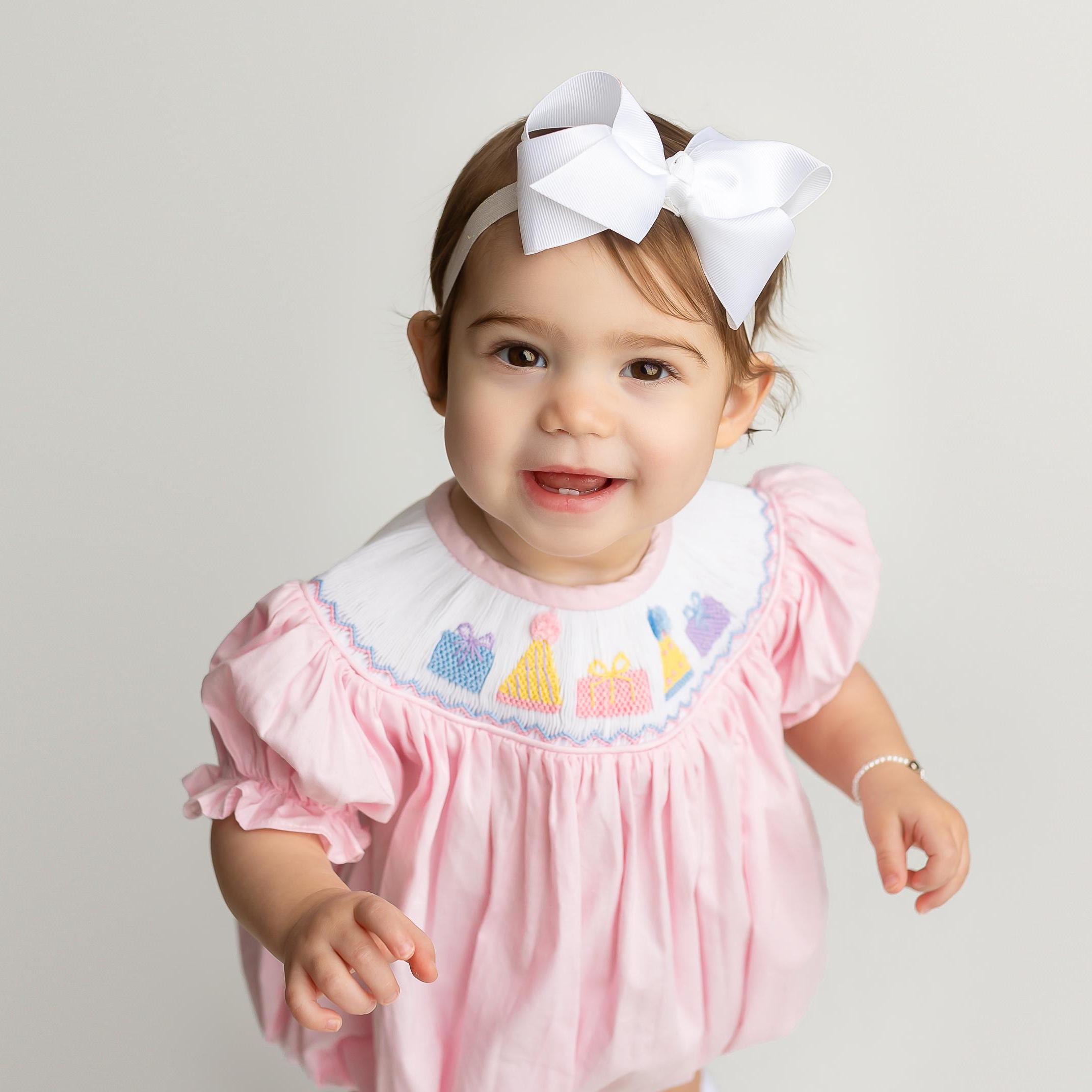 Birthday Smocked Bubble Romper in Pink - Birthday party outfit, Baby girl, Heirloom, Vintage style, machine washable 519 *C