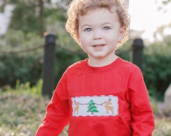 Smocked Christmas Reindeer Shirt in Red Knit -  (Pants Sold Separately), Christmas T-shirt, Boys Christmas Shirt, matching sister dress