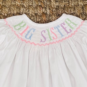 Big Sister Smocked Dress in Pastel Colors- Gender Neutral, Bishop Style,  Gender Reveal Party, Coordinating Brother & Sister outfits 483 *E