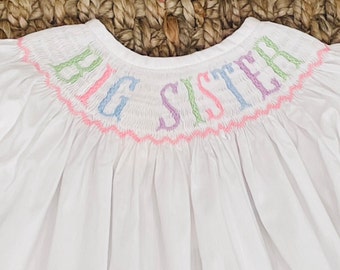 Big Sister Smocked Dress in Pastel Colors- Gender Neutral, Bishop Style,  Gender Reveal Party, Coordinating Brother & Sister outfits
