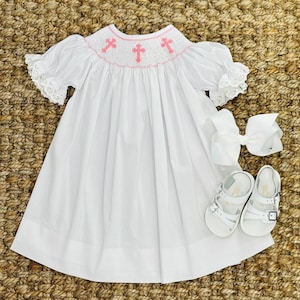 Robe croisée à smocks blanche avec croix roses - baptême, baptême, bébé fille, robe ancienne, demoiselle d'honneur, style Bishop 128 * G image 9