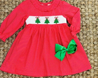 Smocked Christmas Tree Dress with Ruffle Collar - Polka Dot and Bows, Vintage Style, Holiday Dress, Baby Girl, Heirloom Dress, Long Sleeve