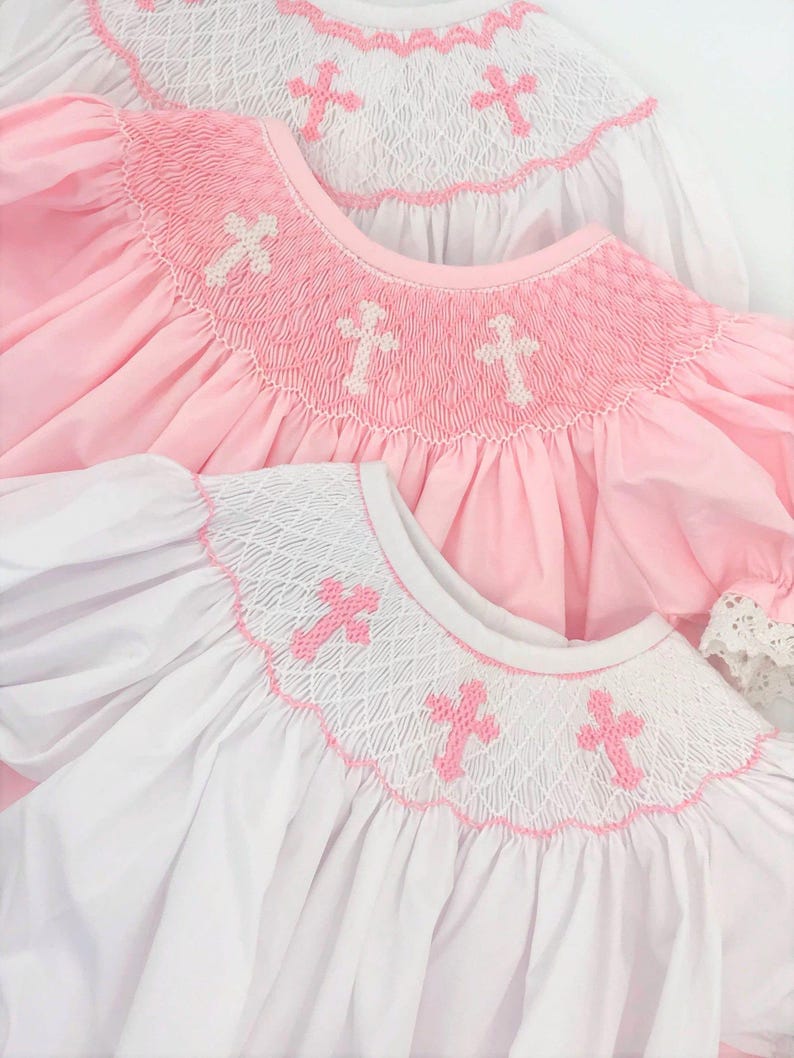 Robe croisée à smocks blanche avec croix roses - baptême, baptême, bébé fille, robe ancienne, demoiselle d'honneur, style Bishop 128 * G image 8