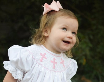 Smocked Cross Bishop Dress - White with pink crosses