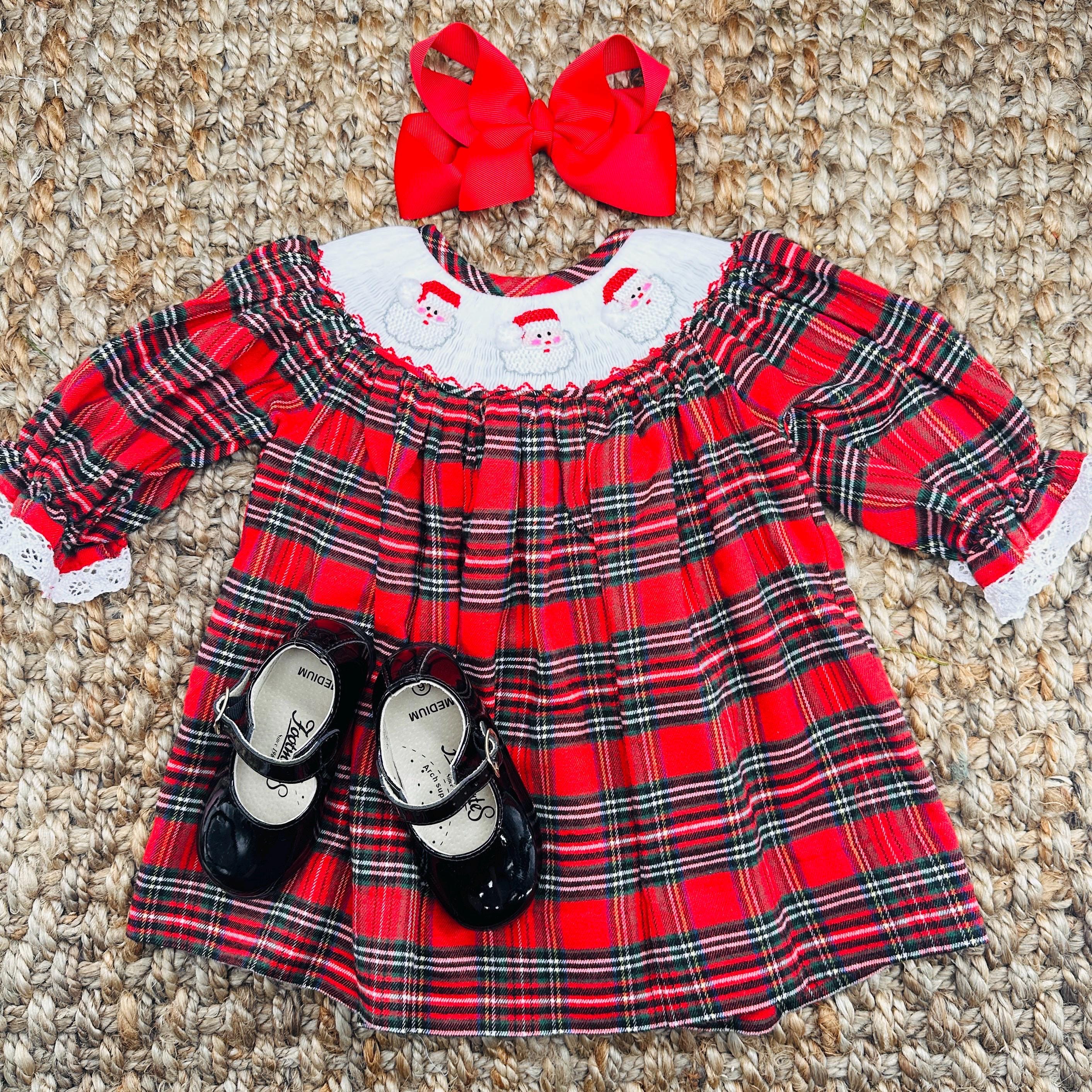 smocked plaid christmas dress Christmas Eve Plaid Santa Smocked Bishop Dress