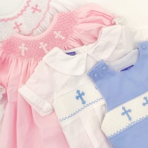Robe croisée à smocks blanche avec croix roses - baptême, baptême, bébé fille, robe ancienne, demoiselle d'honneur, style Bishop 128 * G image 7