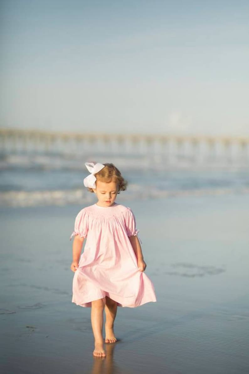Smocked Heirloom Dress in pink with Ribbons on the Sleeves Vintage Style, Beach Dress, Flower Girl, Baby Girl, Bishop Style image 6