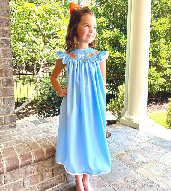 Smocked Pumpkin Dress Blue with Bow & Flutter Sleeves- Fall, Thanksgiving, Halloween, Vintage Style 648 *G Smocked Pumpkin Dress Blue with Bow & Flutter Sleeves- Fall, Thanksgiving, Halloween, Vintage Style 648 *G