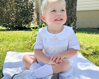 Smocked Heirloom Cross Shortall  - White with Cream Crosses -  Baptism, Easter, Christening, Ring Bearer, Wedding, Vintage Style