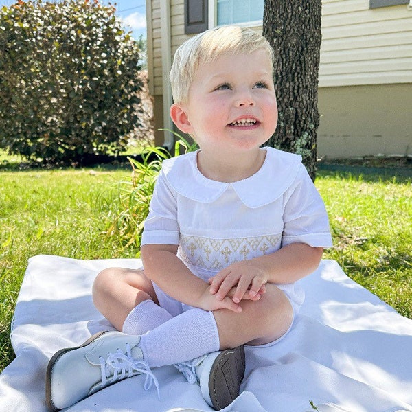 Smocked Heirloom Cross Shortall  - White with Cream Crosses -  Baptism, Easter, Christening, Ring Bearer, Wedding, Vintage Style