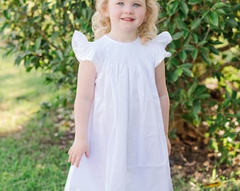 Heirloom Smocked Dress - Flutter Sleeve White with White Smocking - Easter, Flower Girl Dress, First Communion, Wedding, Portrait