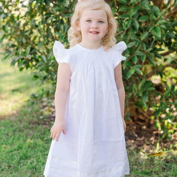 Heirloom Smocked Dress - Flutter Sleeve White with White Smocking - Easter, Flower Girl Dress, First Communion, Wedding, Portrait 196 *E