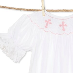 Smocked Cross Bubble Romper in White with Pink Crosses and Lace Baptism, Christening, Baby Girl, Heirloom, Bishop Style image 6