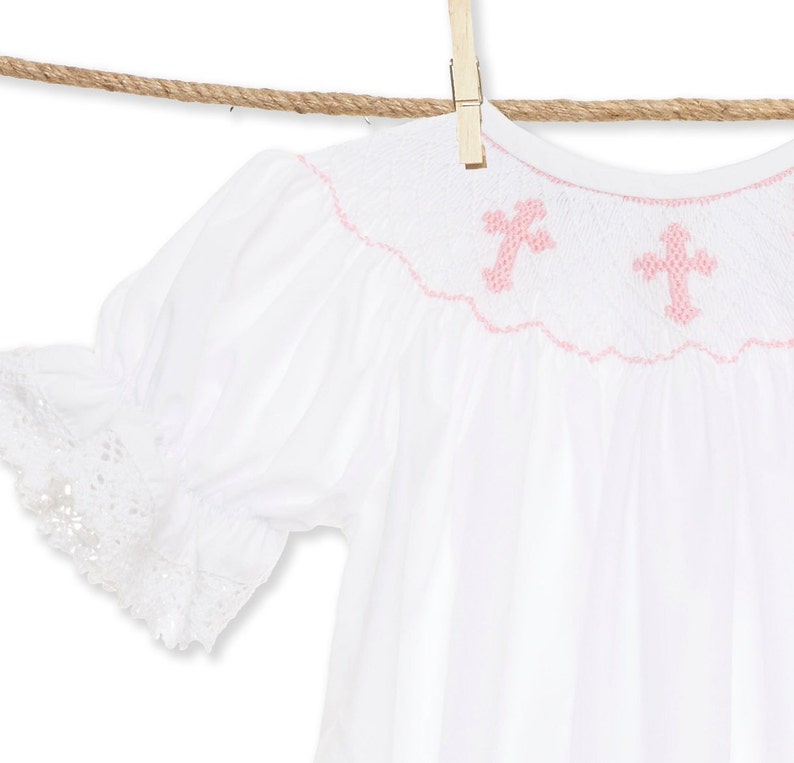 Smocked Cross Bubble Romper in White with Pink Crosses and Lace Baptism, Christening, Baby Girl, Heirloom, Bishop Style image 6