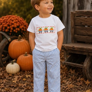 May include: A white short-sleeved t-shirt featuring a smocked panel with three orange pumpkins in blue wagons, paired with light blue and white gingham trousers and brown slip-on shoes. The shirt has a red and white checkered border around the design.
