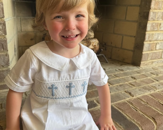 White and Blue Holy Crosses Smocked Overalls