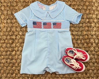 Flag Smocked Shortall with Collar in Blue - 4th of July, Summer, Memorial Day, military, July 4th, baby boy, vintage style