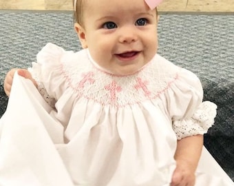 Smocked Cross Dress in White with Pink Crosses -Baptism, Christening, Baby Girl, Heirloom dress, Flower Girl, Bishop Style 128 *G