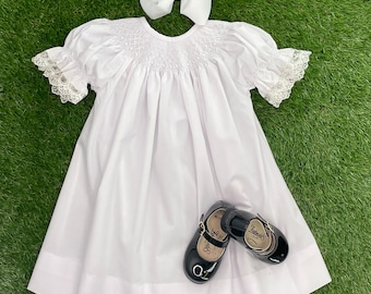Smocked Heirloom Dress - White with White Smocking & Ivory lace - Flower girl, Baptism, Christening, First Communion