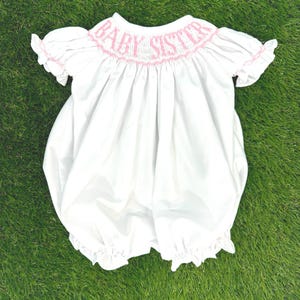 Baby Sister Smocked Bubble Romper - Coordinating Baby Brother & Baby Sister outfits, Gender Reveal, Baby Gift, Baby Girl 644 *F