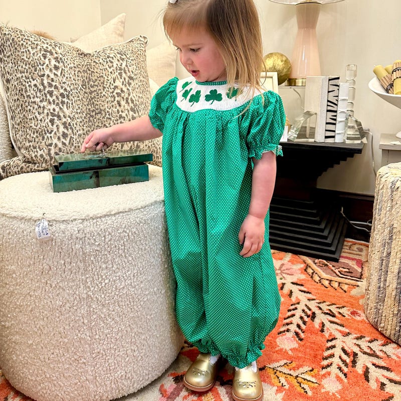 Shop Teeta Baby Girls Hallie Bubble - Green Gingham Smocked St. Pat's Clovers