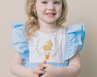 Easter Smocked & French Knot Chantilly Dress on Blue! Easter Bunny, Vintage style, Heirloom dress, Baby Girl, Matching Sibling Choices