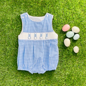 Bunny Smocked Boy's Bubble in Blue Gingham - Easter boy outfit, Spring, Baby Boy outfit