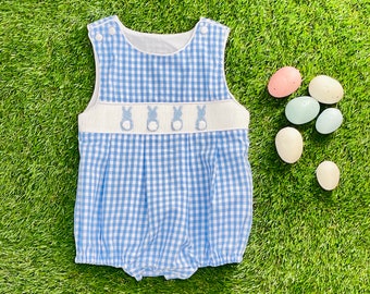 Bunny Smocked Boy's Bubble in Blue Gingham - Easter boy outfit, Spring, Baby Boy outfit