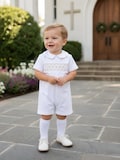 Smocked Heirloom Cross Shortall - White with Cream Crosses - Baptism, Easter, Christening, Ring Bearer, Wedding, Vintage Style 242 *E