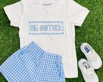 Big Brother Smocked Shirt in white short sleeves - (Shorts Sold Separately) Coordinating Baby Brother & Baby Sister outfits, Gender reveal