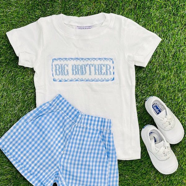 Big Brother Smocked Shirt in white short sleeves - (Shorts Sold Separately) Coordinating Baby Brother & Baby Sister outfits, Gender reveal