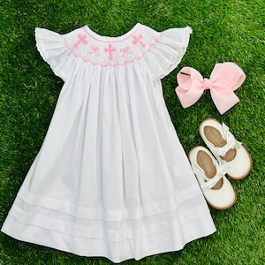 Smocked Dress with Crosses and Bows in White with Pink - Baptism, Christening, Baby Girl, Heirloom, Bishop Style 543 *G