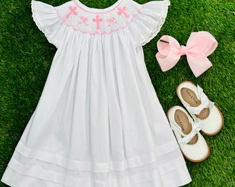 Smocked Dress with Crosses and Bows in White with Pink - Baptism, Christening, Baby Girl, Heirloom, Bishop Style