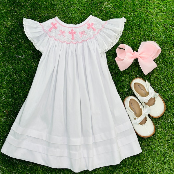 Smocked Dress with Crosses and Bows in White with Pink - Baptism, Christening, Baby Girl, Heirloom, Bishop Style