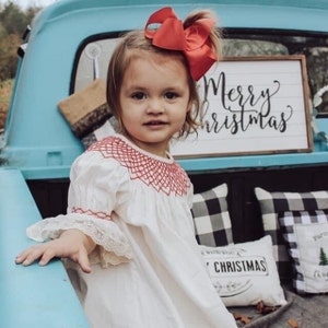 Smocked Christmas Dress on Winter White with Red and Lace Sleeves! Valentine, Santa Dress, Heirloom Bishop, Baby Girl, Vintage Style 253 *G