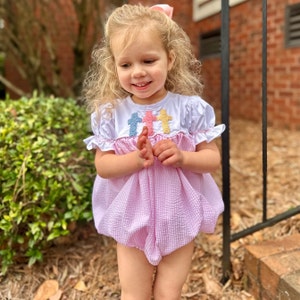 Cross Knot & Smocked Bubble Romper in Pink Seersucker- Easter French Knot, Smocked Sleeves, Heirloom, Sibling Matching Set