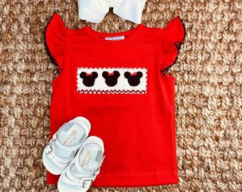 Mouse Ears Smocked Shirt Girl in Red Knit! Mouse Ears, Perfect for Disney  Vacation, Minnie, Princess, matching shorts available 660 *H