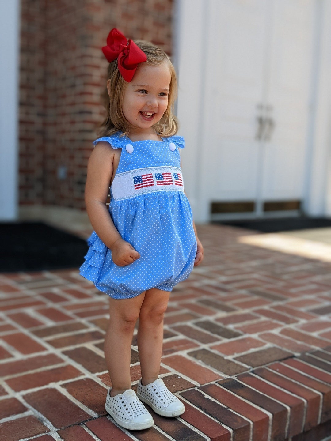 Flag Smocked Girl's Bubble Romper in Polka Dots & Ruffles American Flag ...