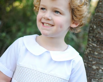 Smocked Heirloom Shortall - White with Cream  Smocking - Ring Bearer, Wedding, Baptism, Easter, Christening,  baby boy outfit WHT140 *E