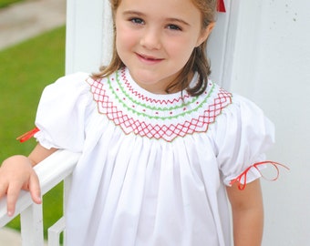 Christmas Smocked Dress in White with Red & Green Smocking with Ribbon on Sleeves - Heirloom Dress, Baby Girl Dress, Santa, Vintage Style